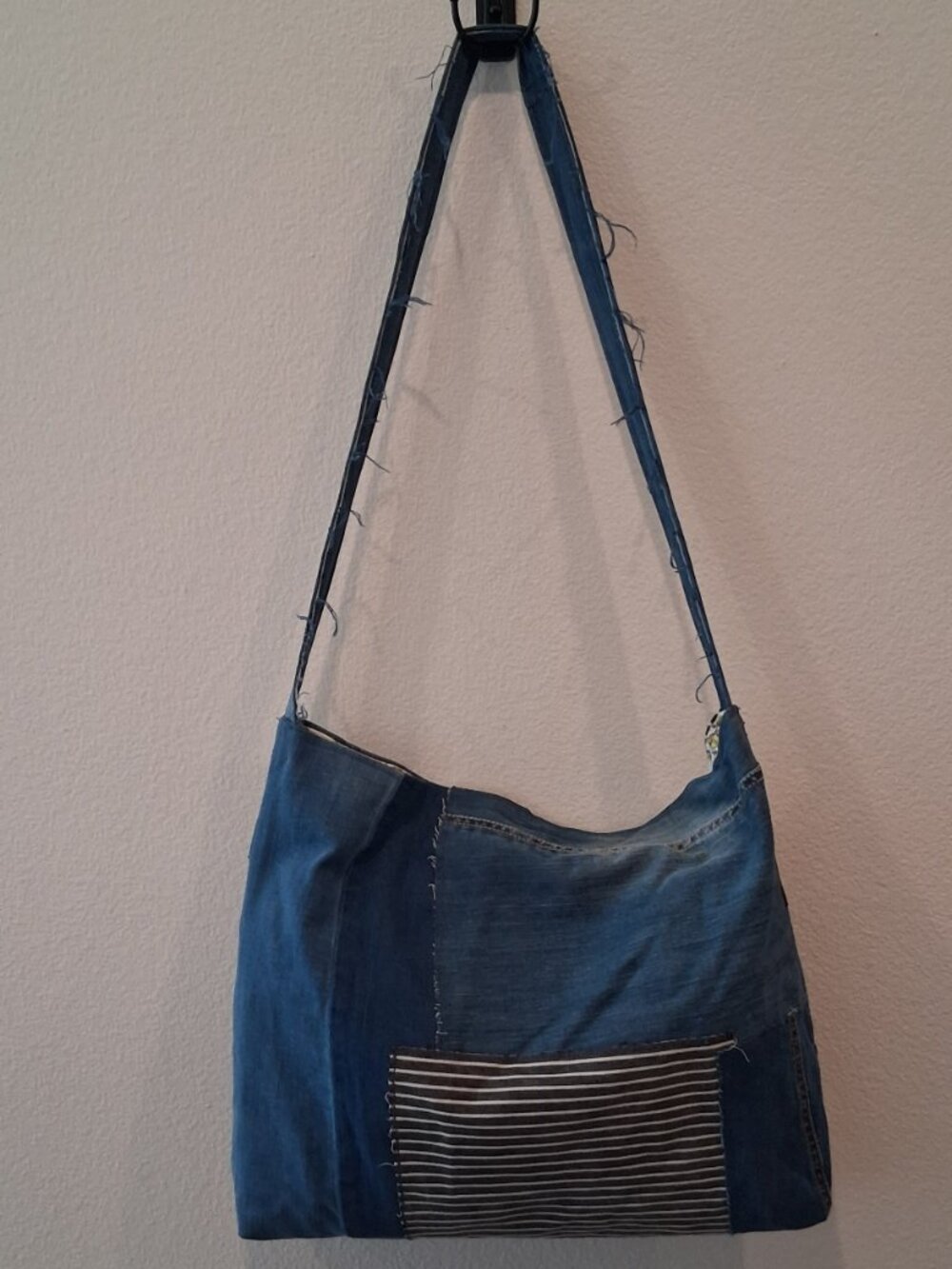 Upcycled Denim Patchwork Crossbody Bag Italian Novelty Script Lined Shoulder Tot